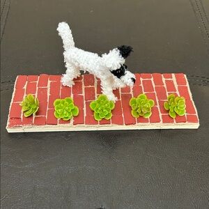 RESERVED - Charming Black and White Dog Figurine on Red Brick Base